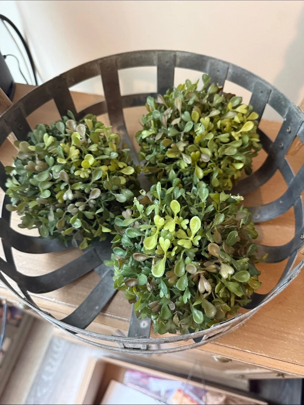 Rustic Metal and Wood Handle Bowl - and green balls